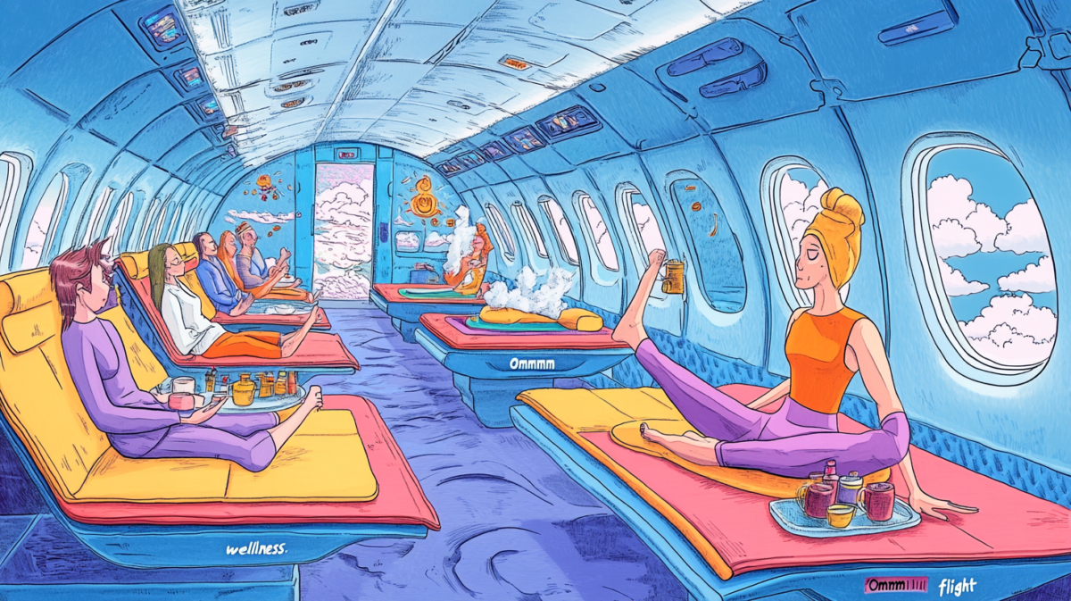 a cartoon of people in beds on an airplane