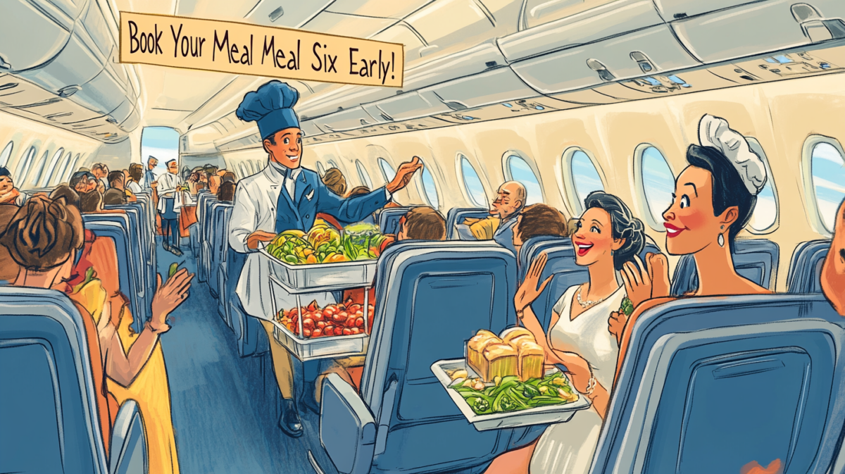 a cartoon of a chef serving food on an airplane