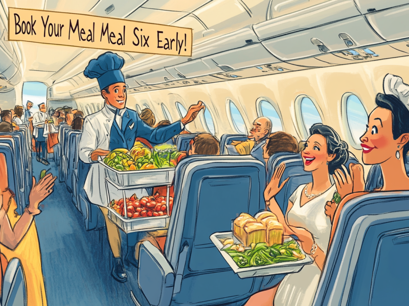 a cartoon of a chef serving food on an airplane