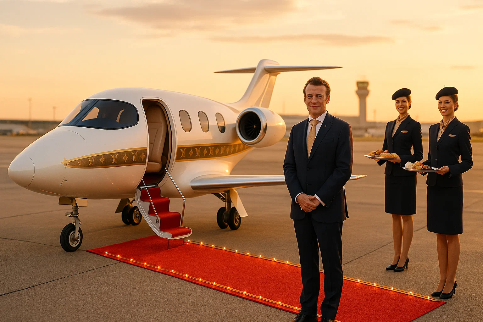 a man in a suit standing in front of a small airplane