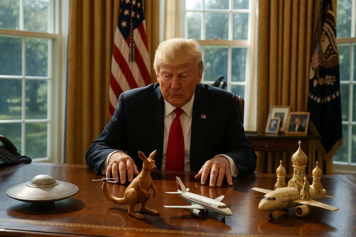 a man sitting at a desk with toy kangaroos and a kangaroo