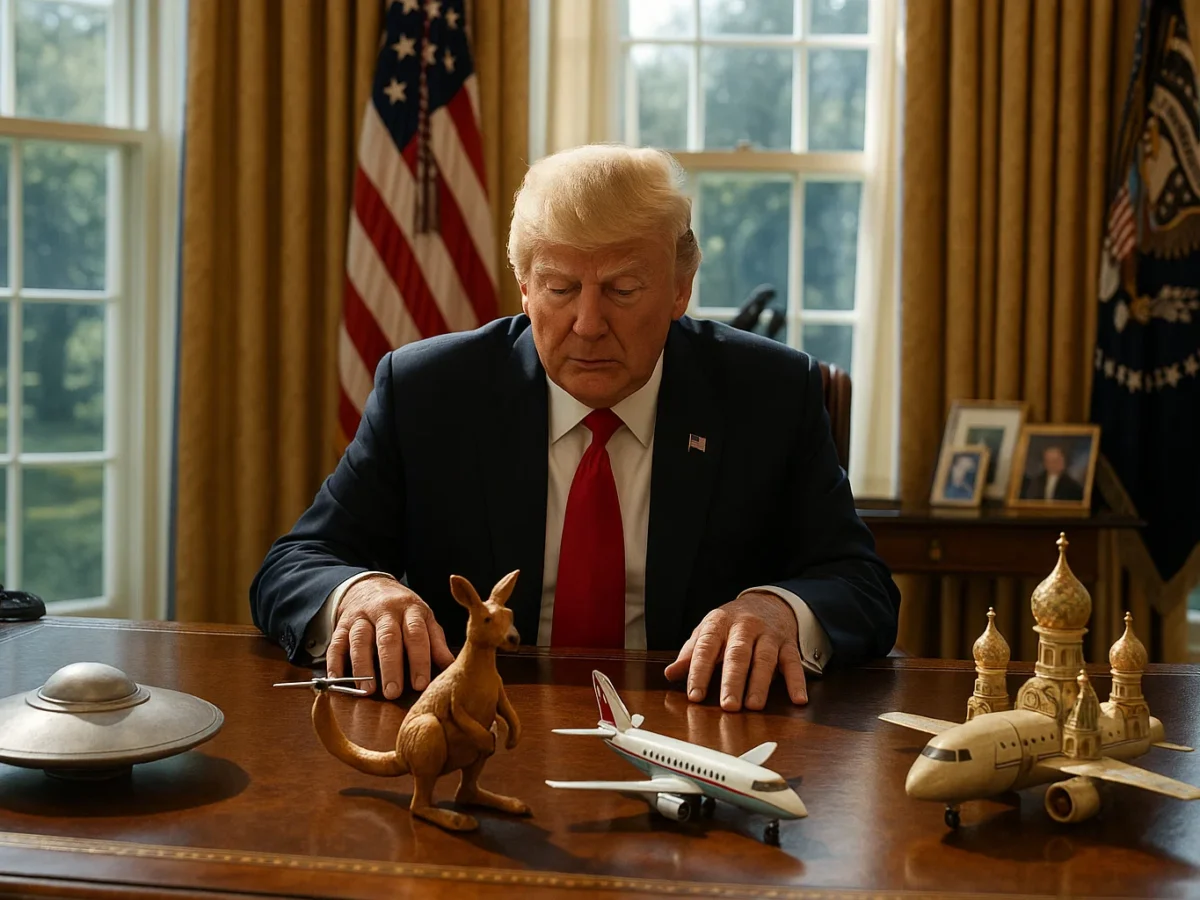 a man sitting at a desk with toy kangaroos and a kangaroo