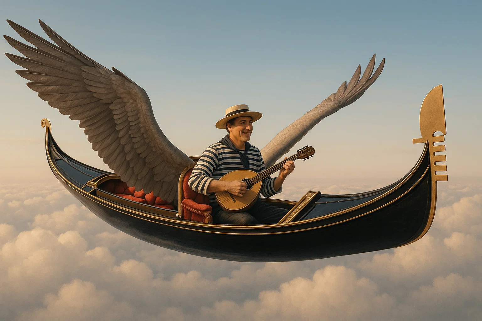 a man in a boat with wings and a mandolin flying in the sky