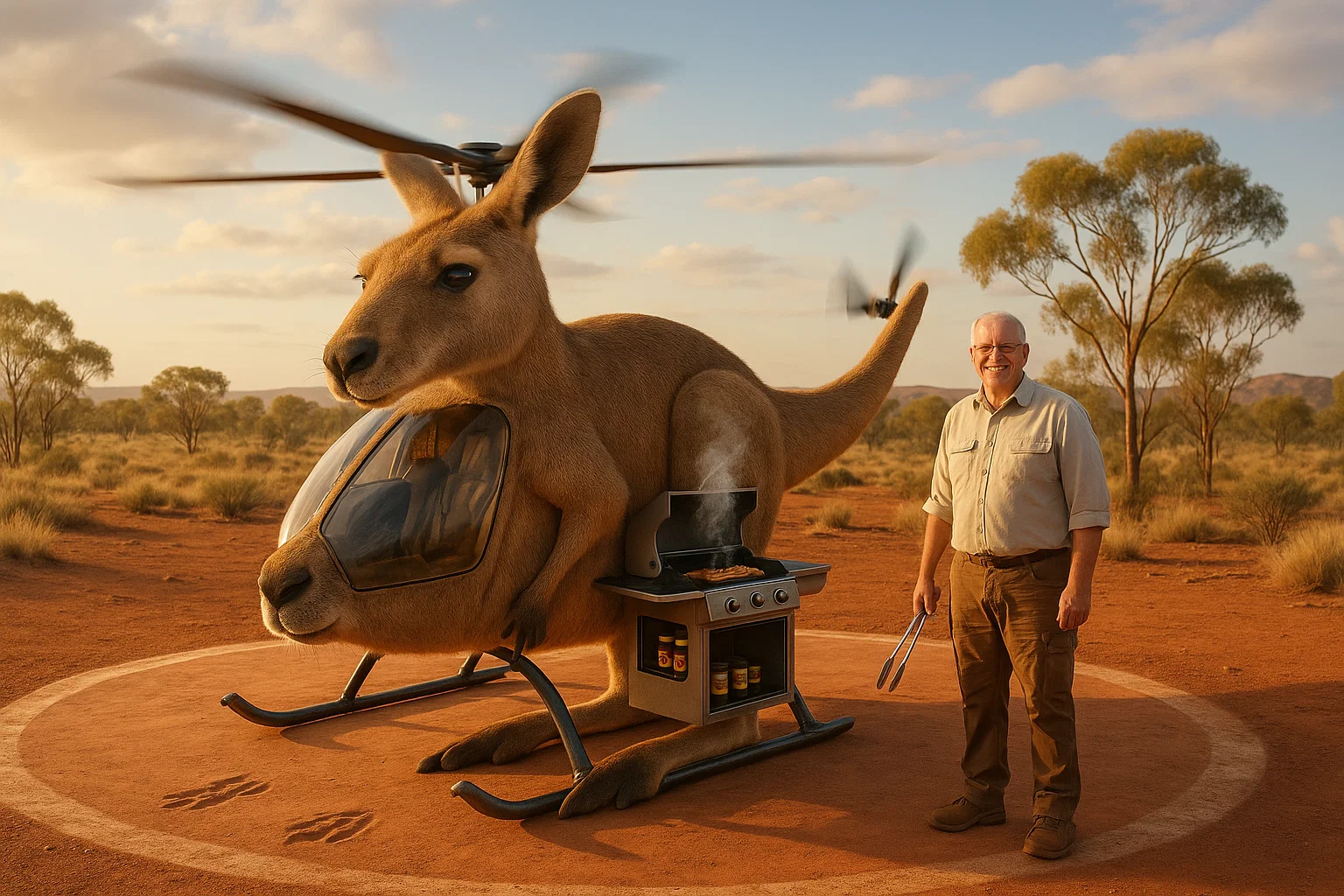 a man standing next to a kangaroo on a helicopter