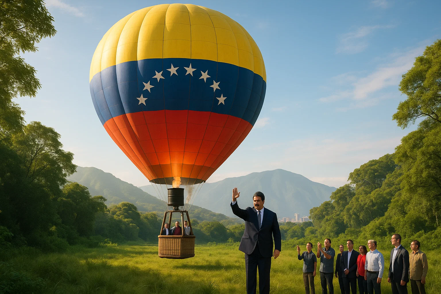 a man in a suit waving in the air with a hot air balloon