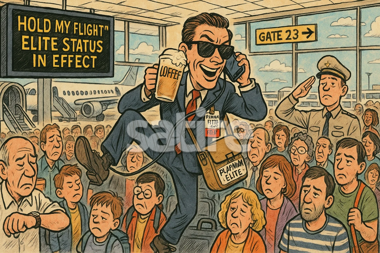 a cartoon of a man holding a phone and holding beer