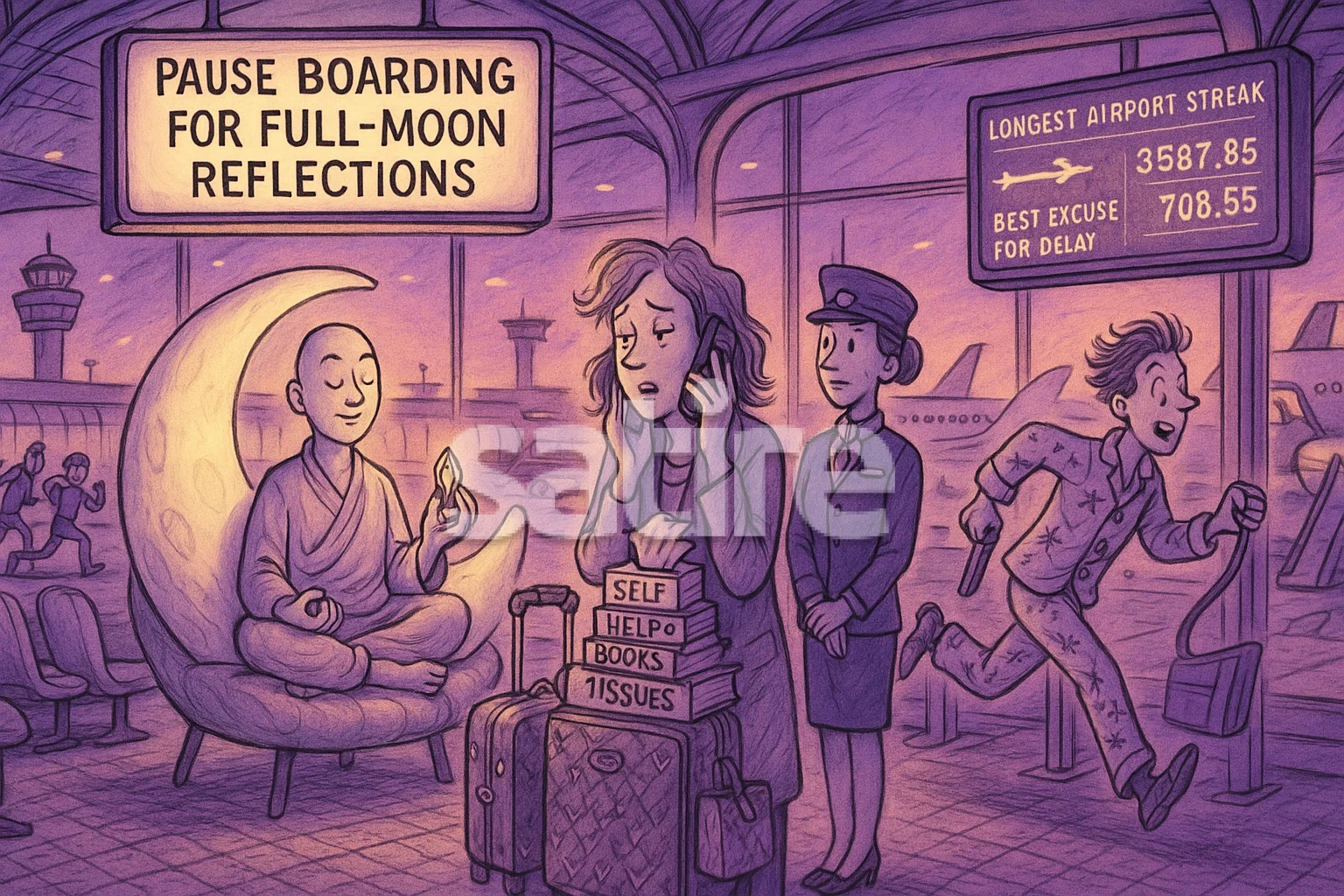 a cartoon of people in a airport