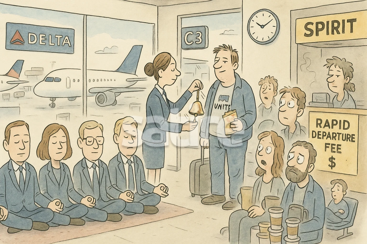 a cartoon of a woman holding a bell to a man sitting on the floor