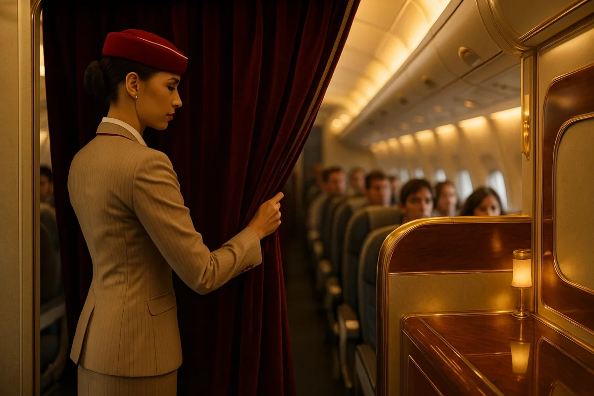 a woman opening a curtain in an airplane