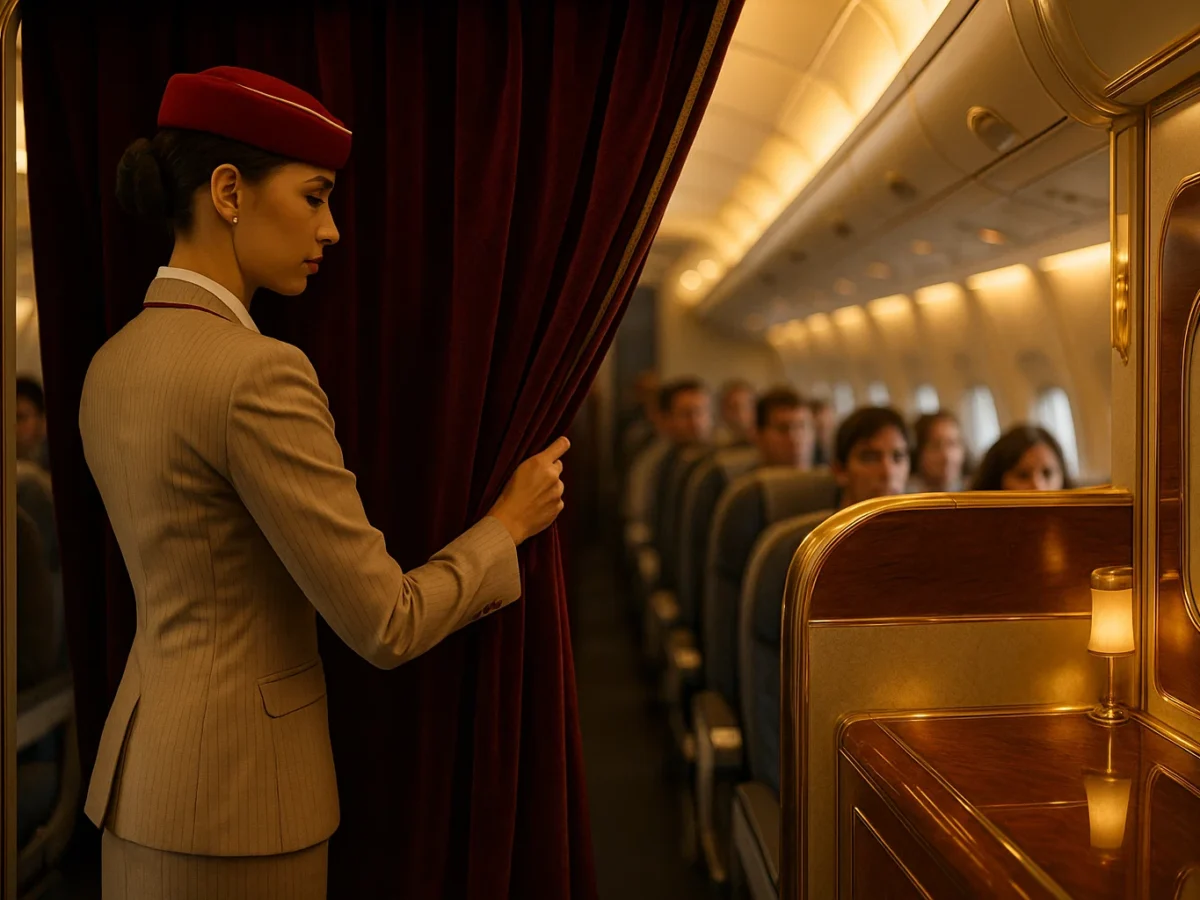 a woman opening a curtain in an airplane