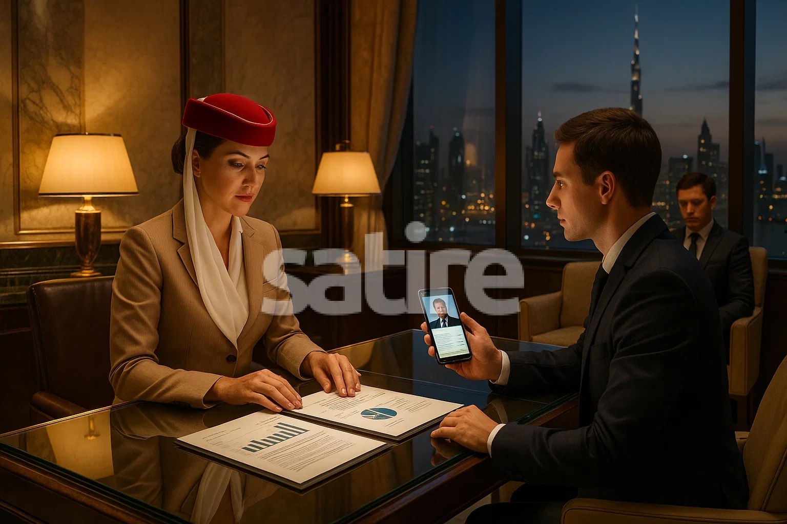 a man and woman sitting at a table looking at a phone