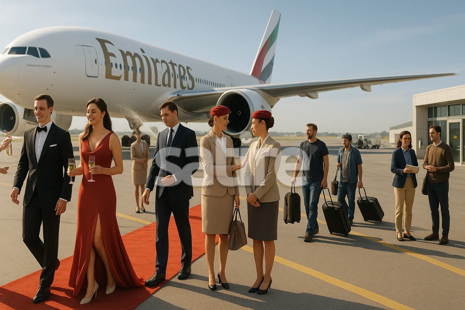 a group of people standing in front of an airplane