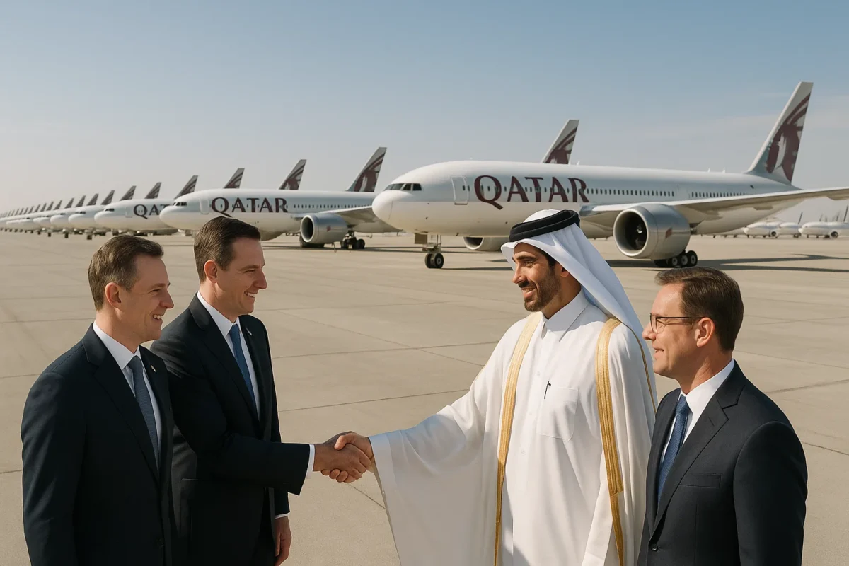 a group of men shaking hands in front of airplanes