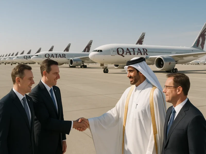 a group of men shaking hands in front of airplanes