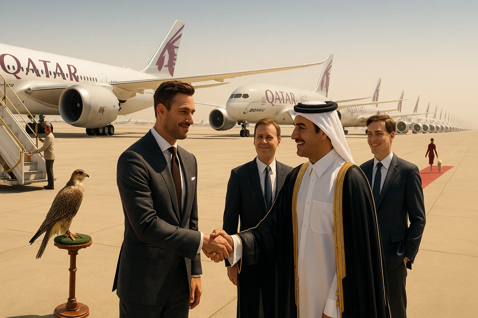 a group of men shaking hands in front of airplanes