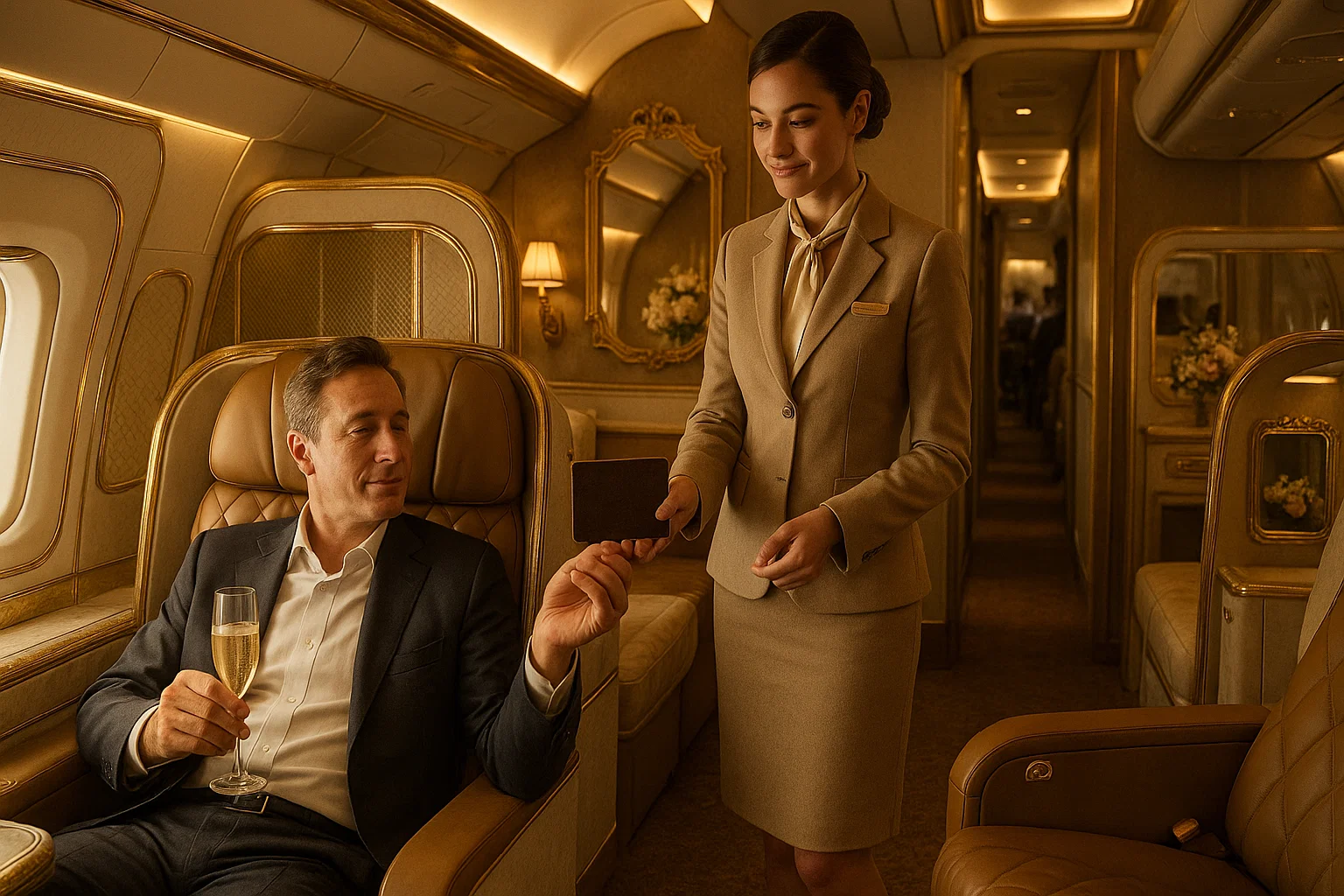 a woman holding a card and a man in a chair