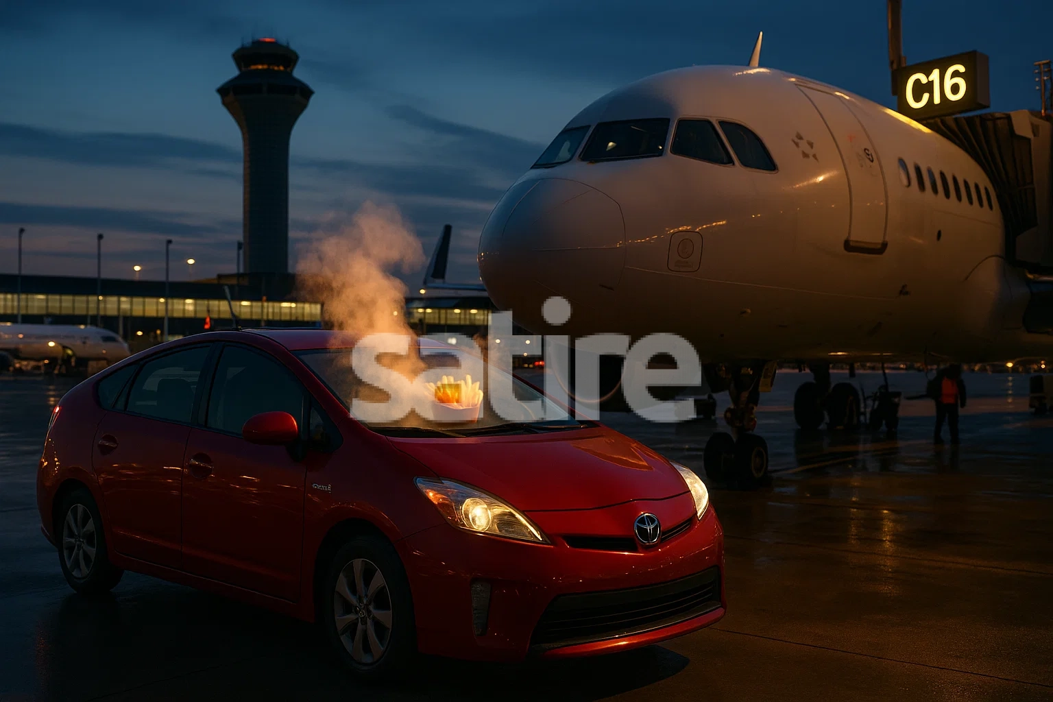 Red Prius idling beneath a jet, fries perched on the hood