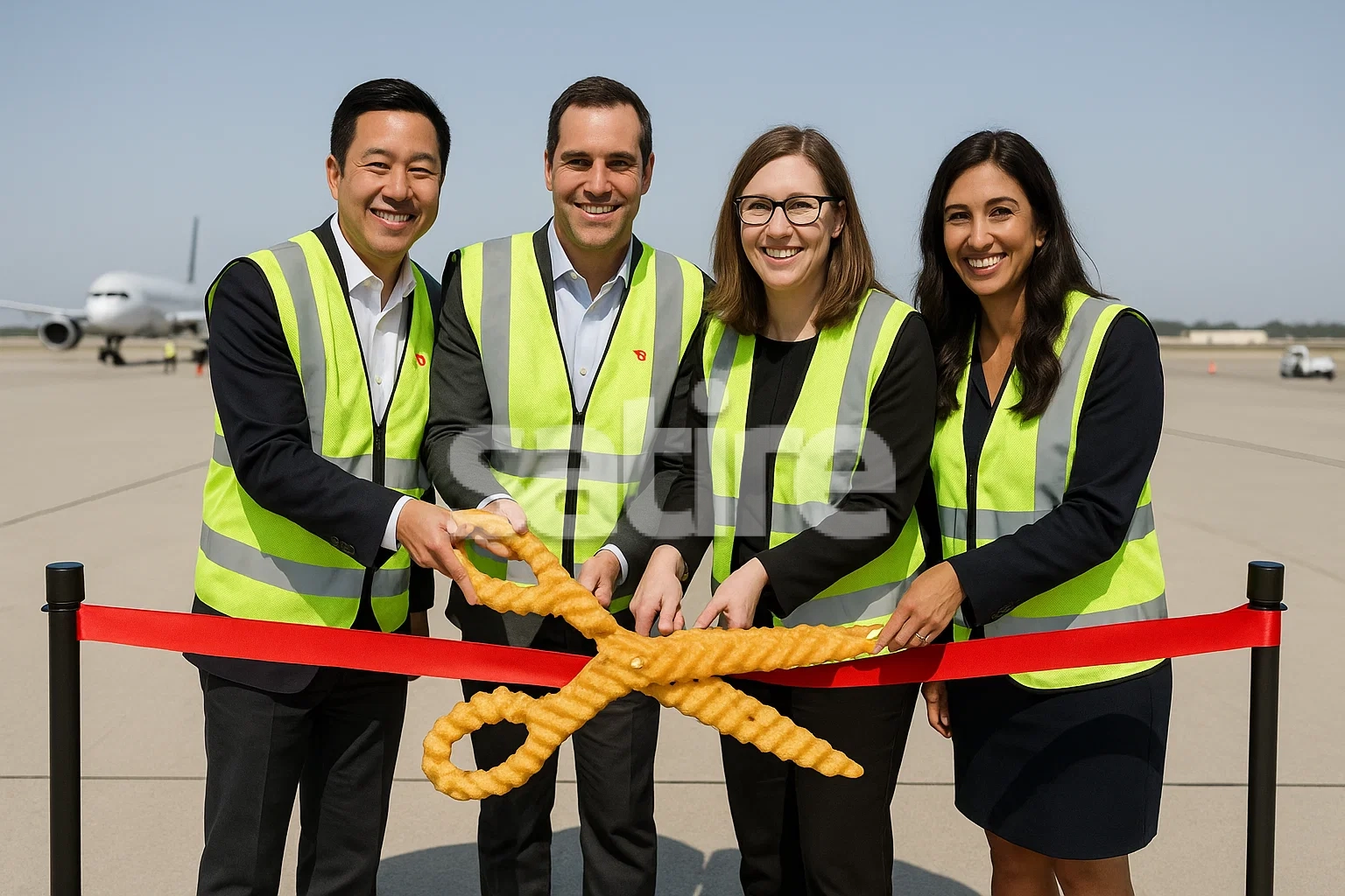 Executives in safety vests cutting a ribbon in front of cheddar-striped Prius