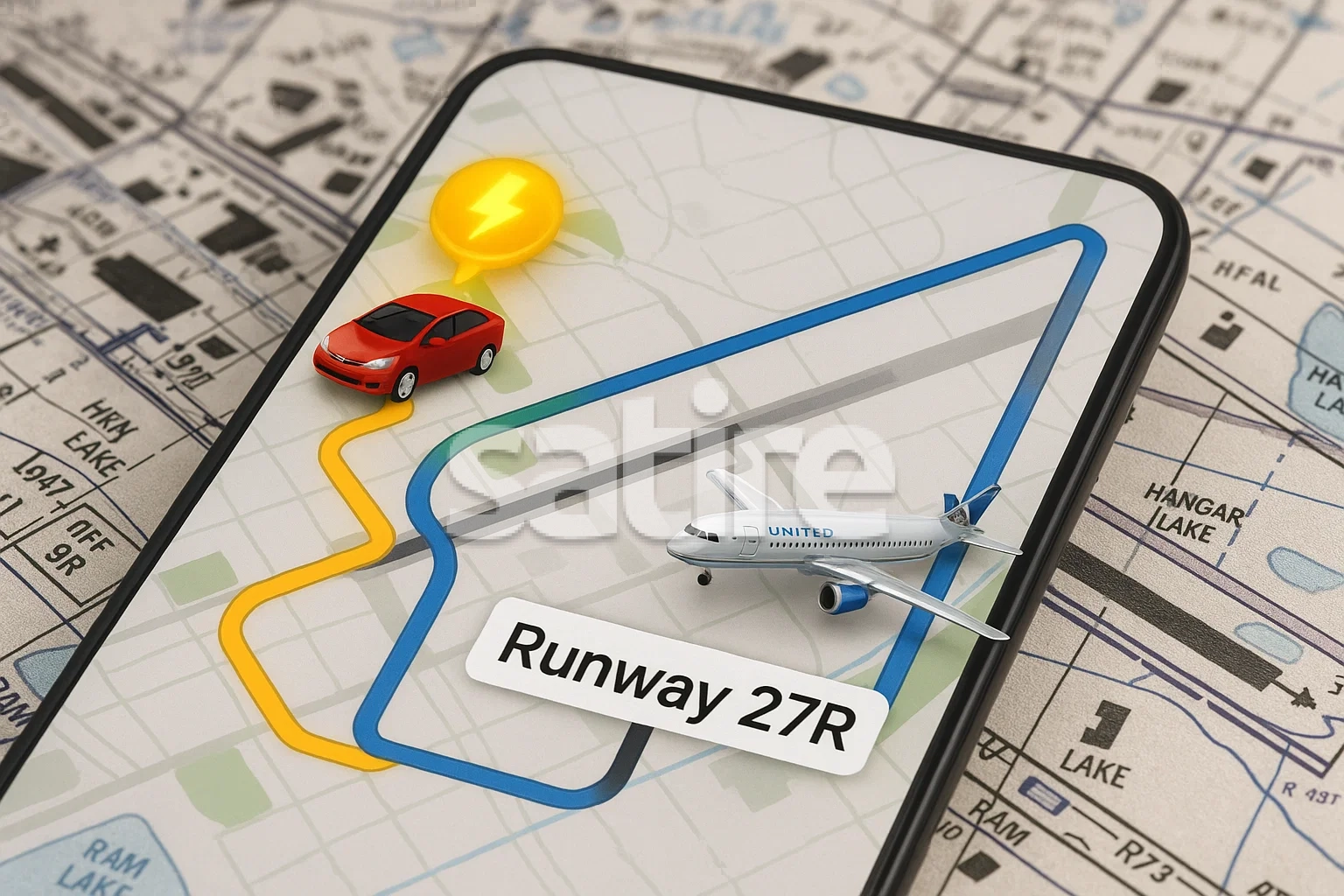 Phone screen showing Prius icon overtaking jet on map