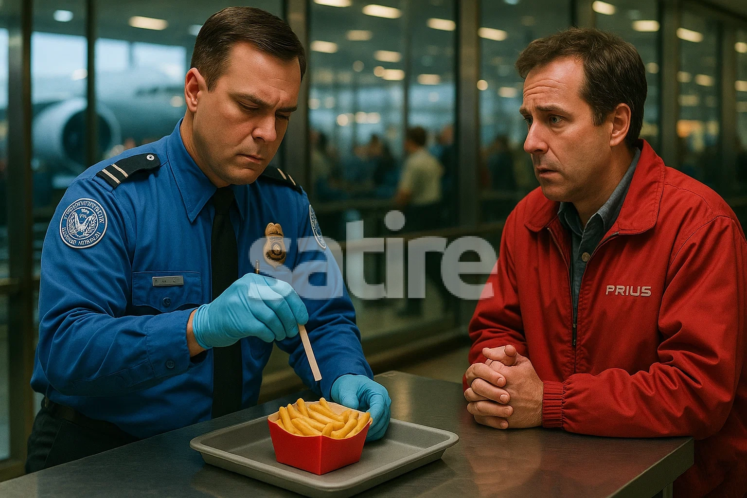 Uniformed officer inspecting fry carton with grease gauge