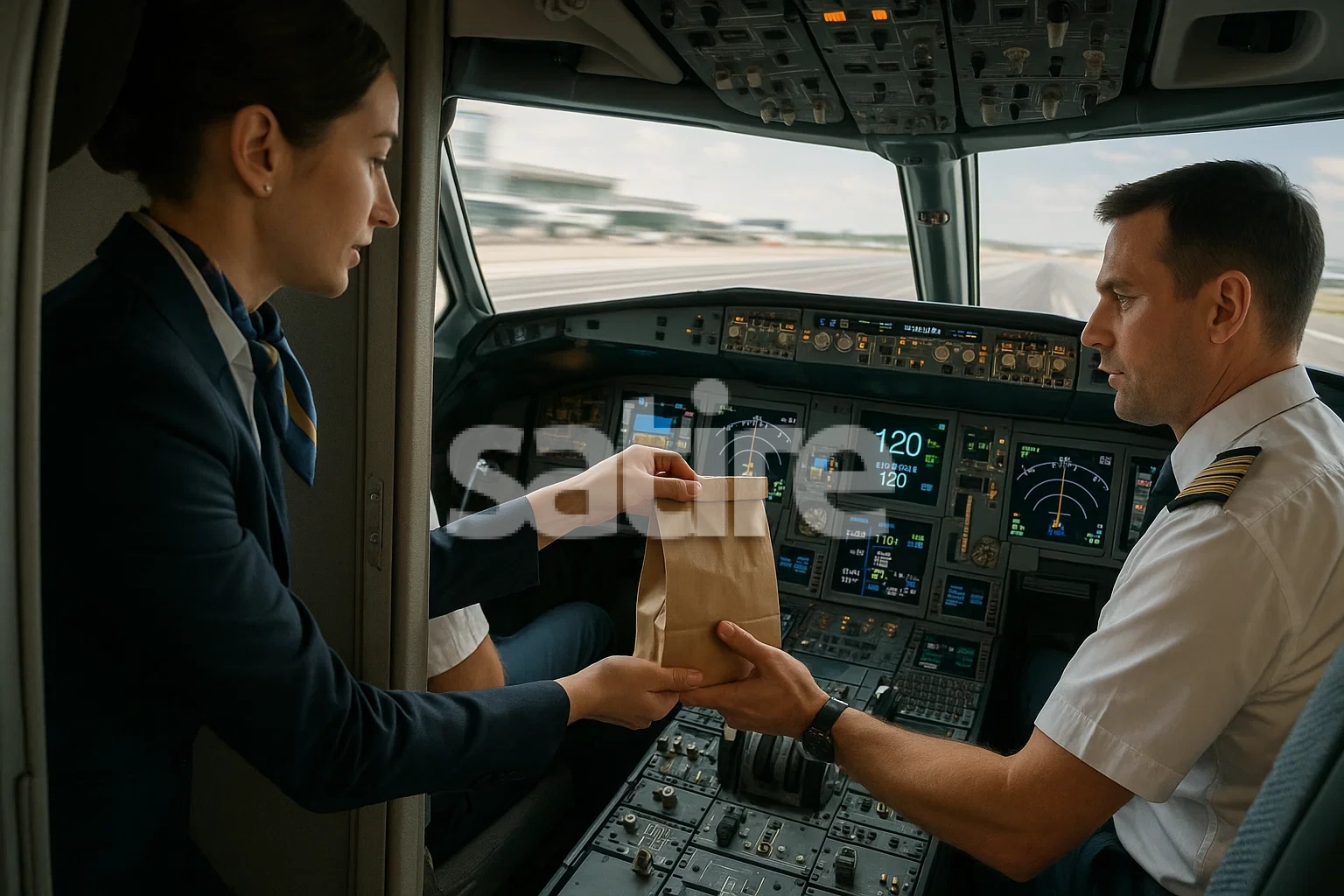 Two pilots sharing fast-food bag in cockpit
