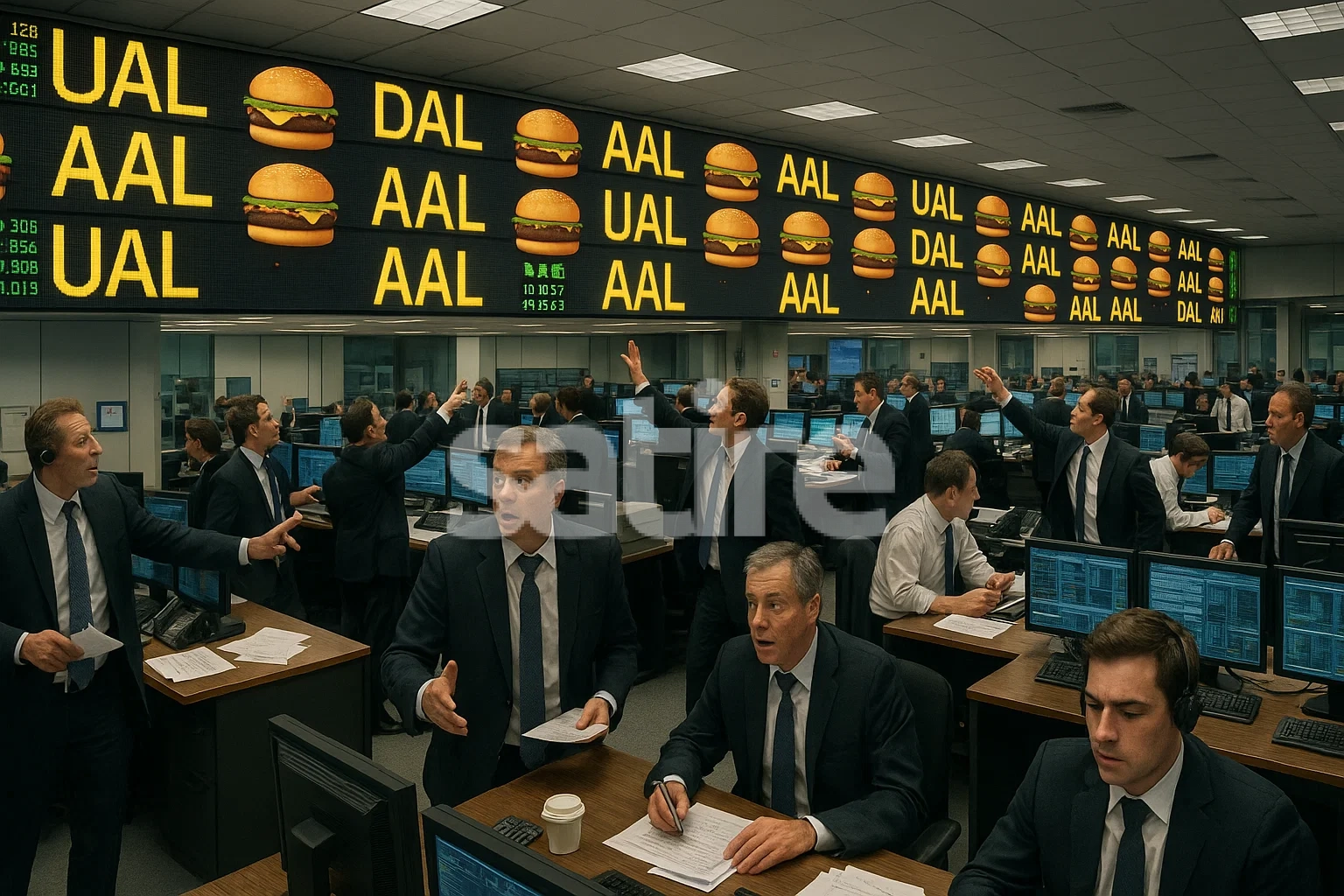 Suit-clad analysts studying chart with burger icon
