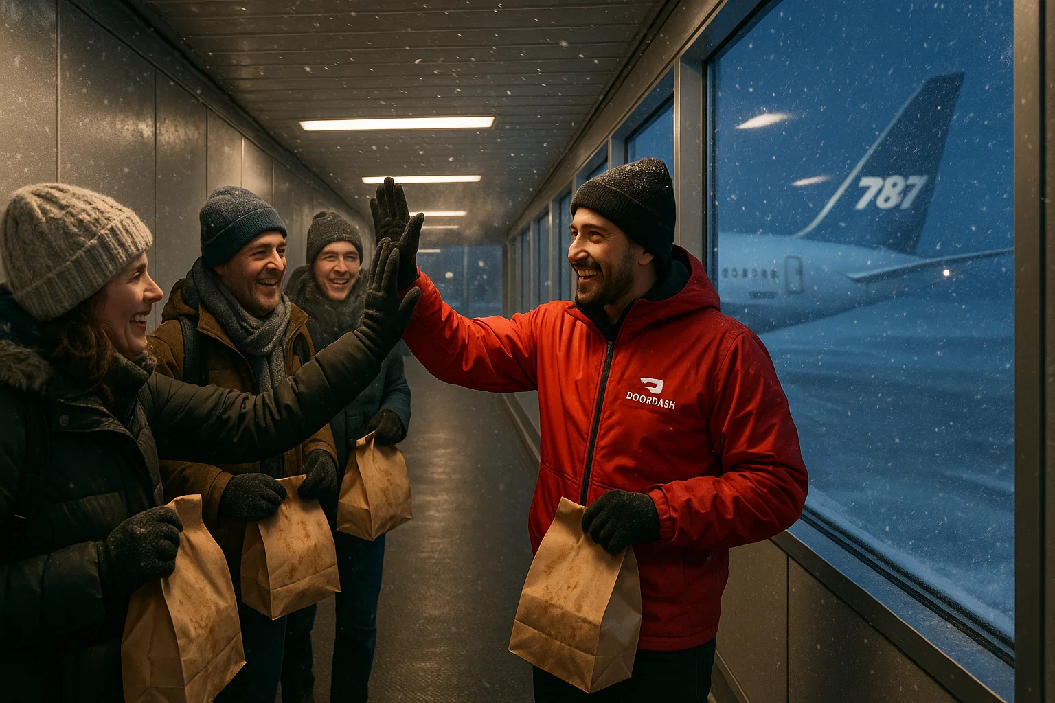 Travelers high-fiving driver on jet bridge while snow swirls outside