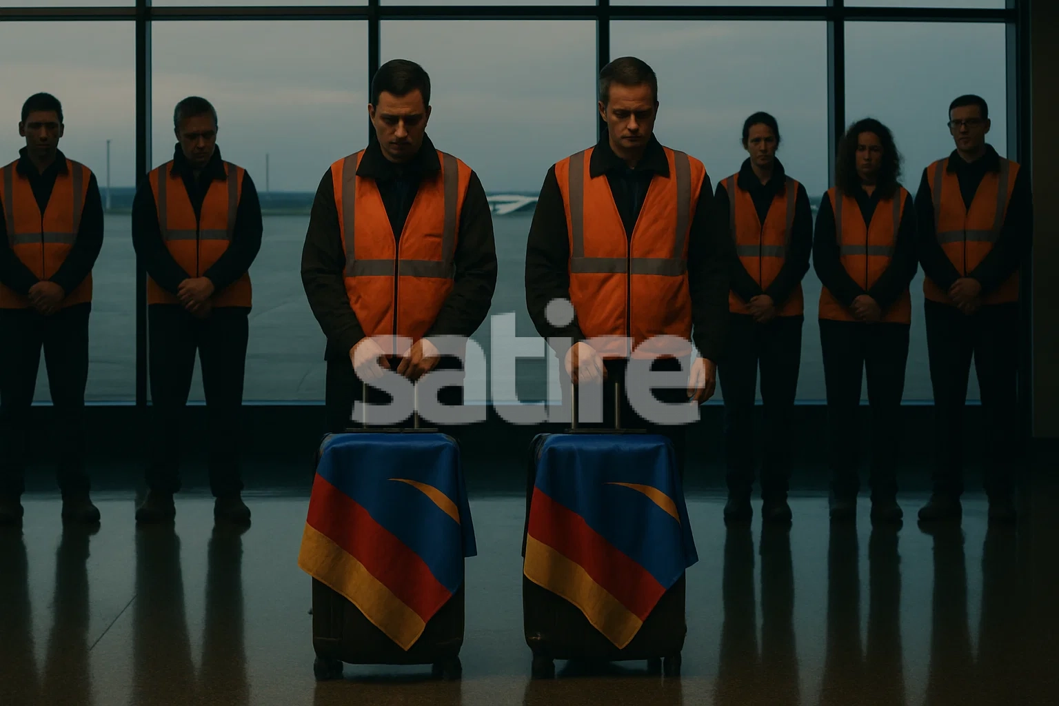 a group of people in orange vests holding luggage
