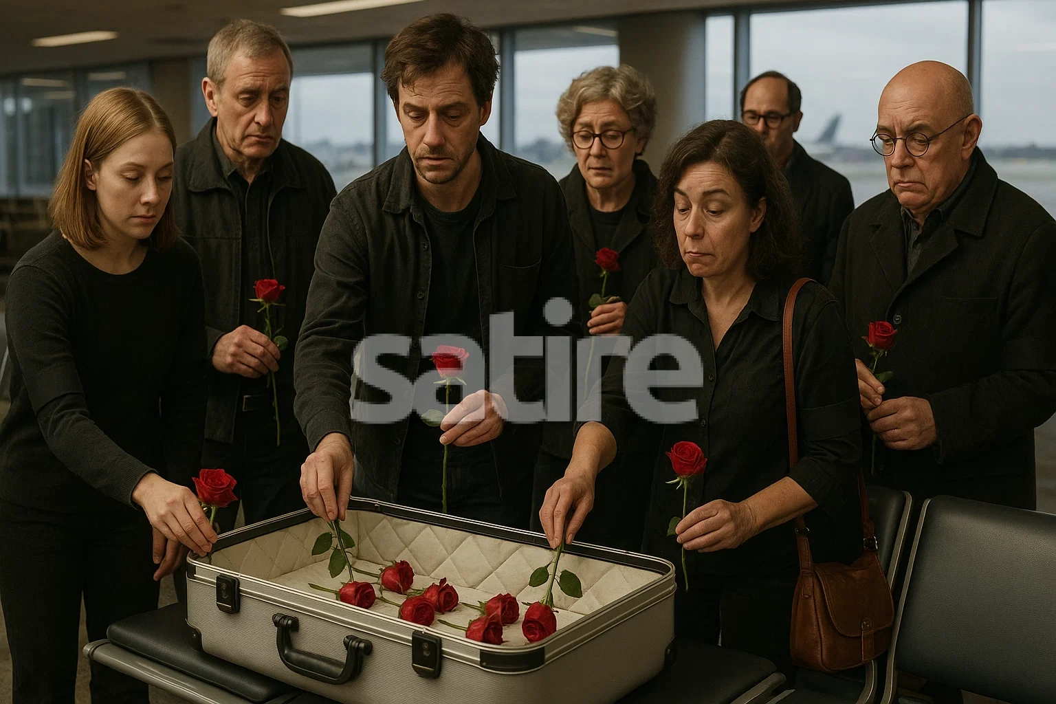 a group of people holding roses in a suitcase