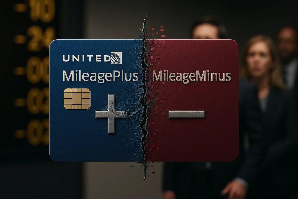 a blue and red credit card with a couple of people in the background