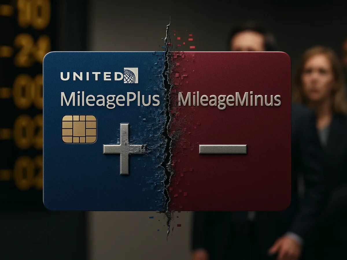 a blue and red credit card with a couple of people in the background
