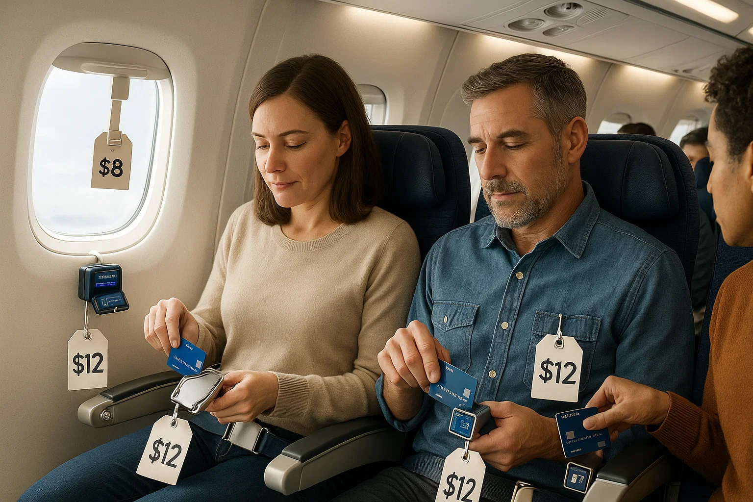 A couple on an airplane with price tags attached to amenities.