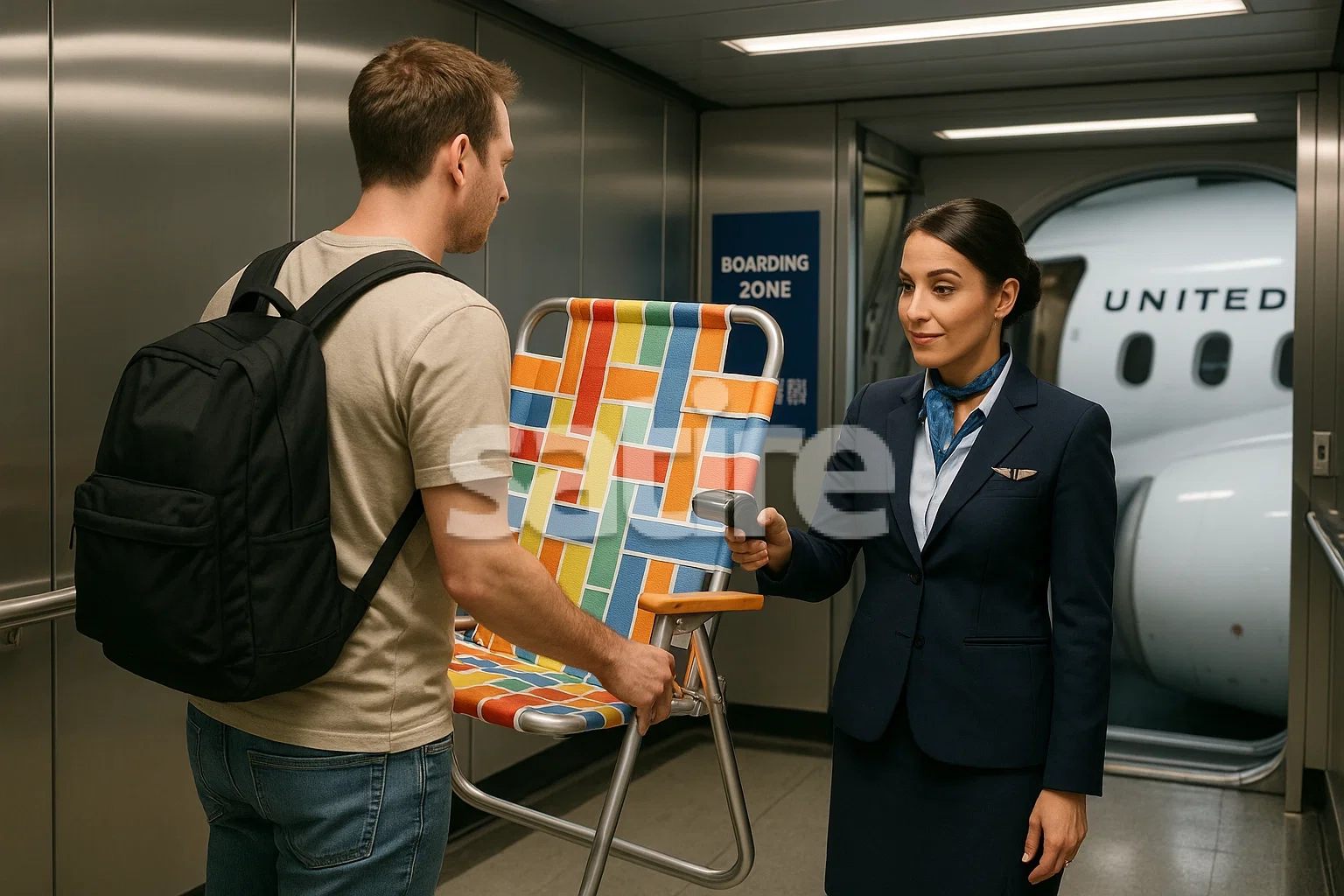 A traveler carries a chair; a fellow passenger watches in disbelief.