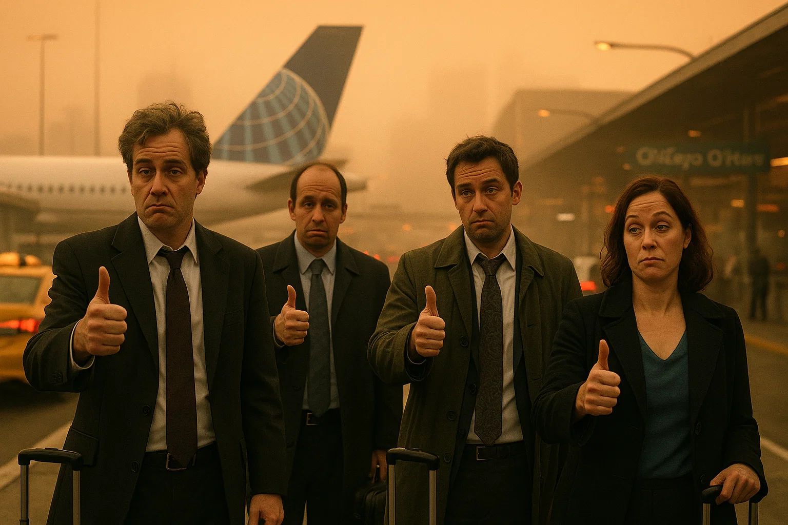 Travelers sharing mixed reactions in front of a plane.