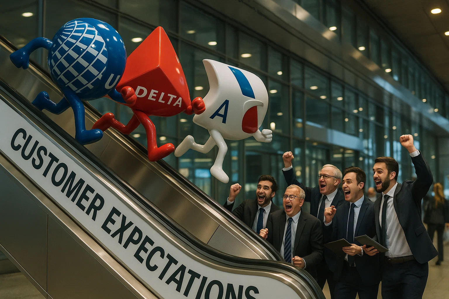 Suits on an escalator heading downward, symbolizing a downward trend.