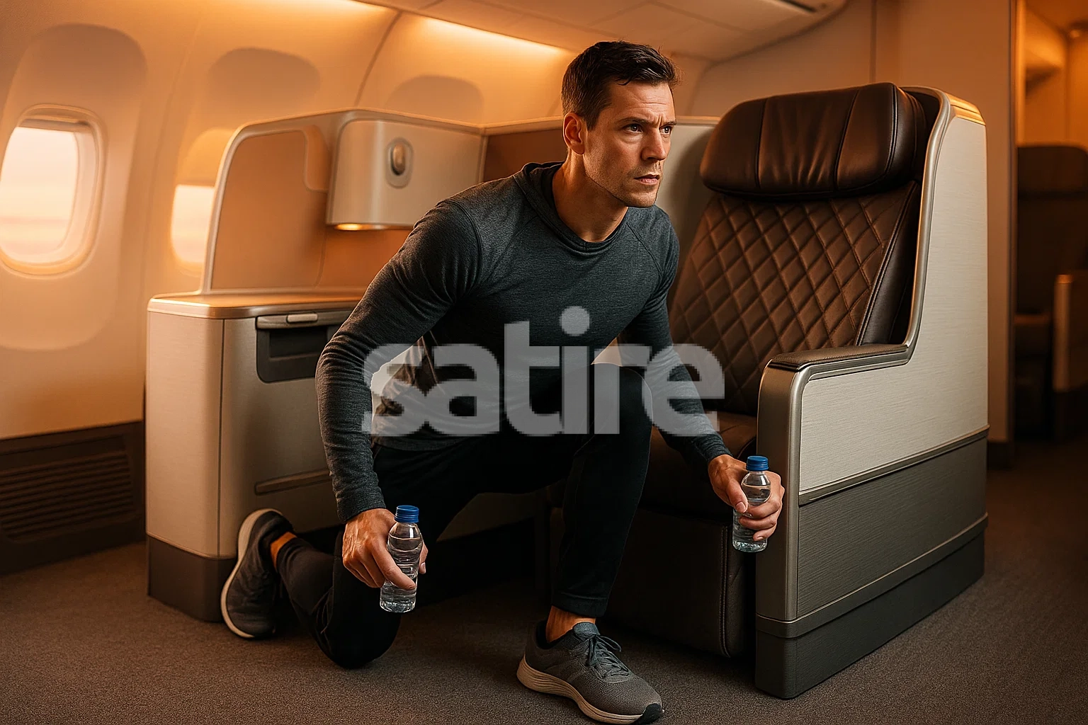 a man squatting on a plane