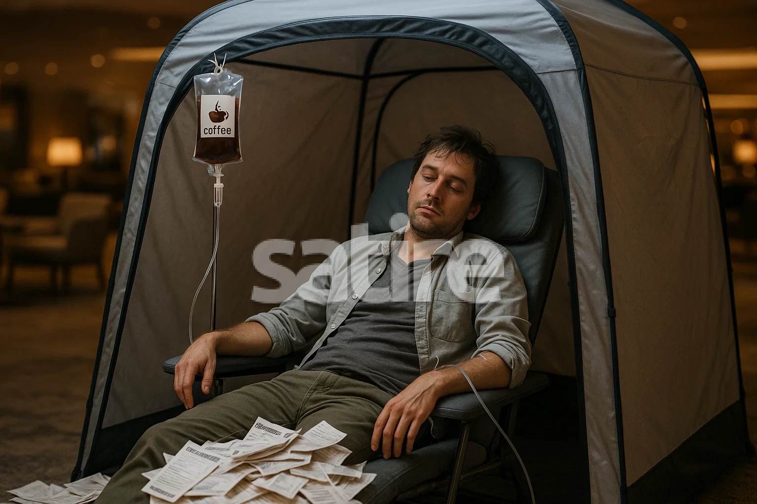 a man sleeping in a tent with a bag of paper