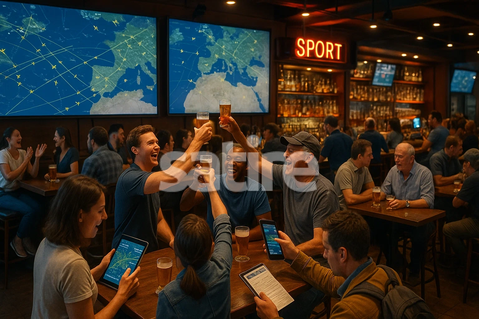 a group of people sitting at a table with drinks and a map on the wall