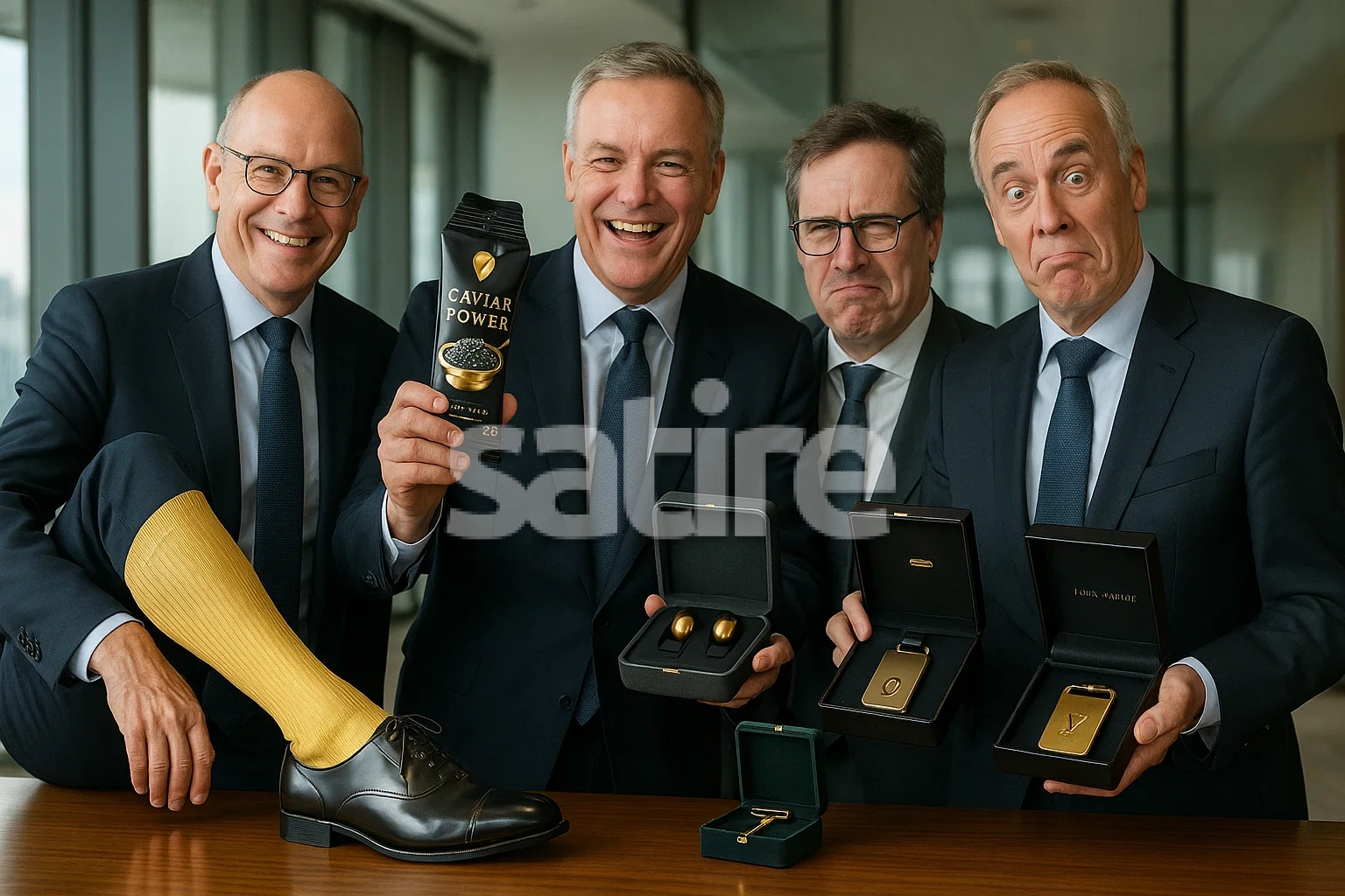 a group of men holding a box of gold objects