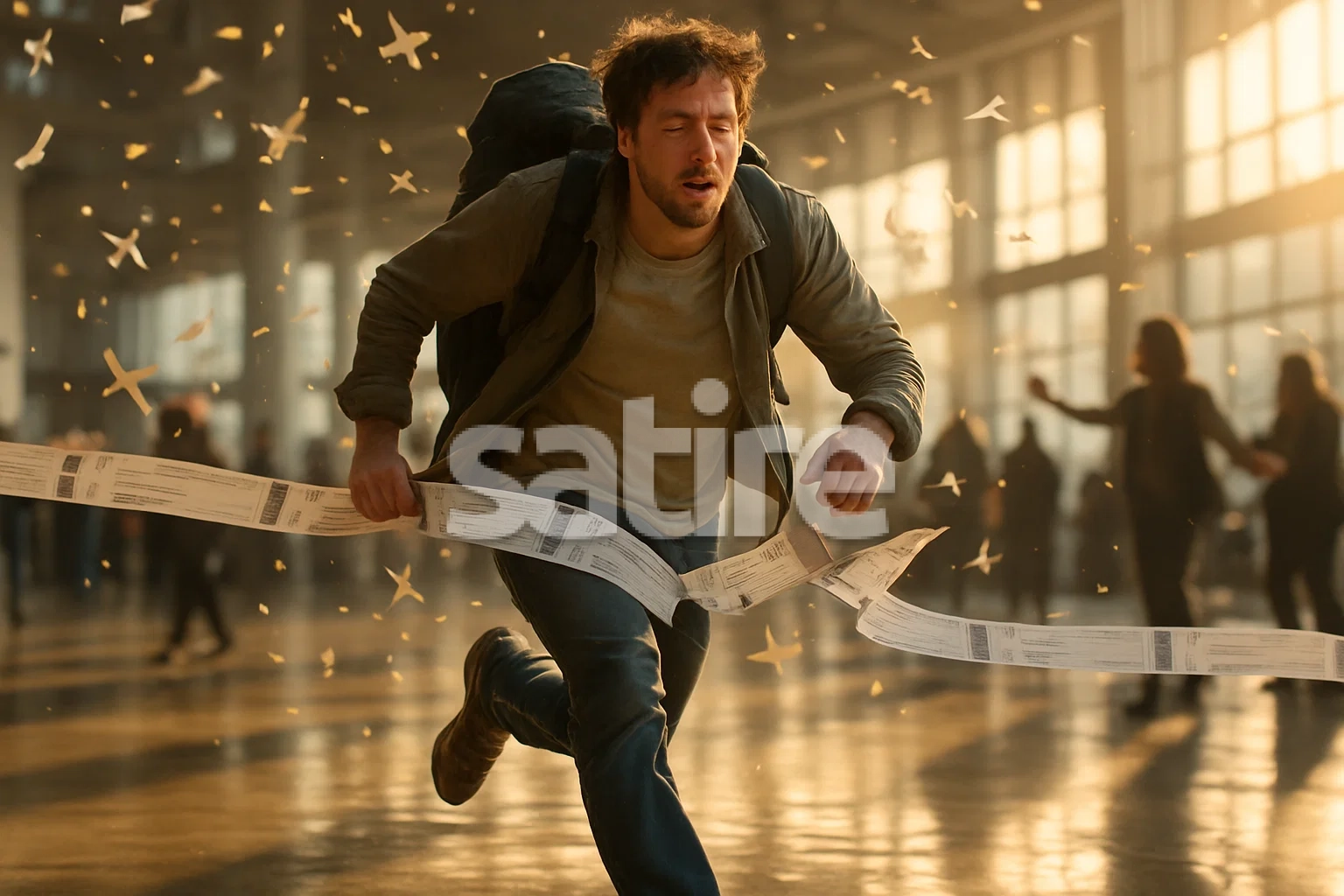 a man running with a paper in his hand