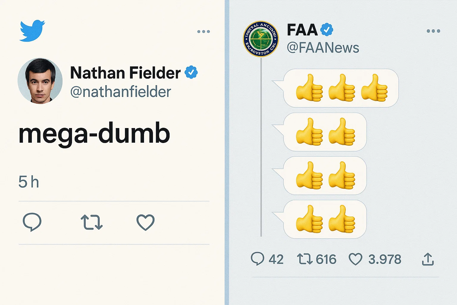 social-media split screen of FAA and Fielder tweets