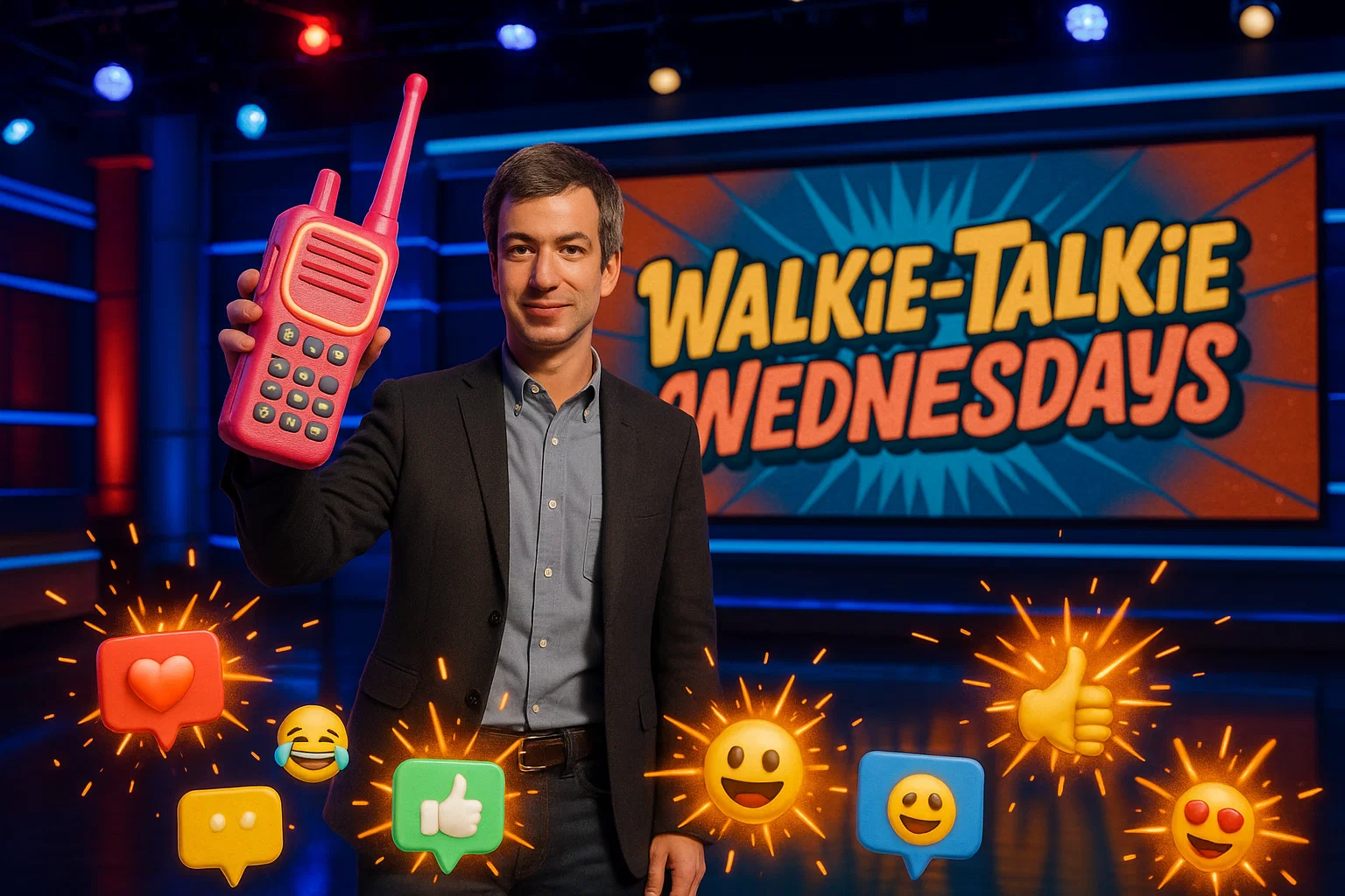 Fielder holds neon toy walkie-talkie