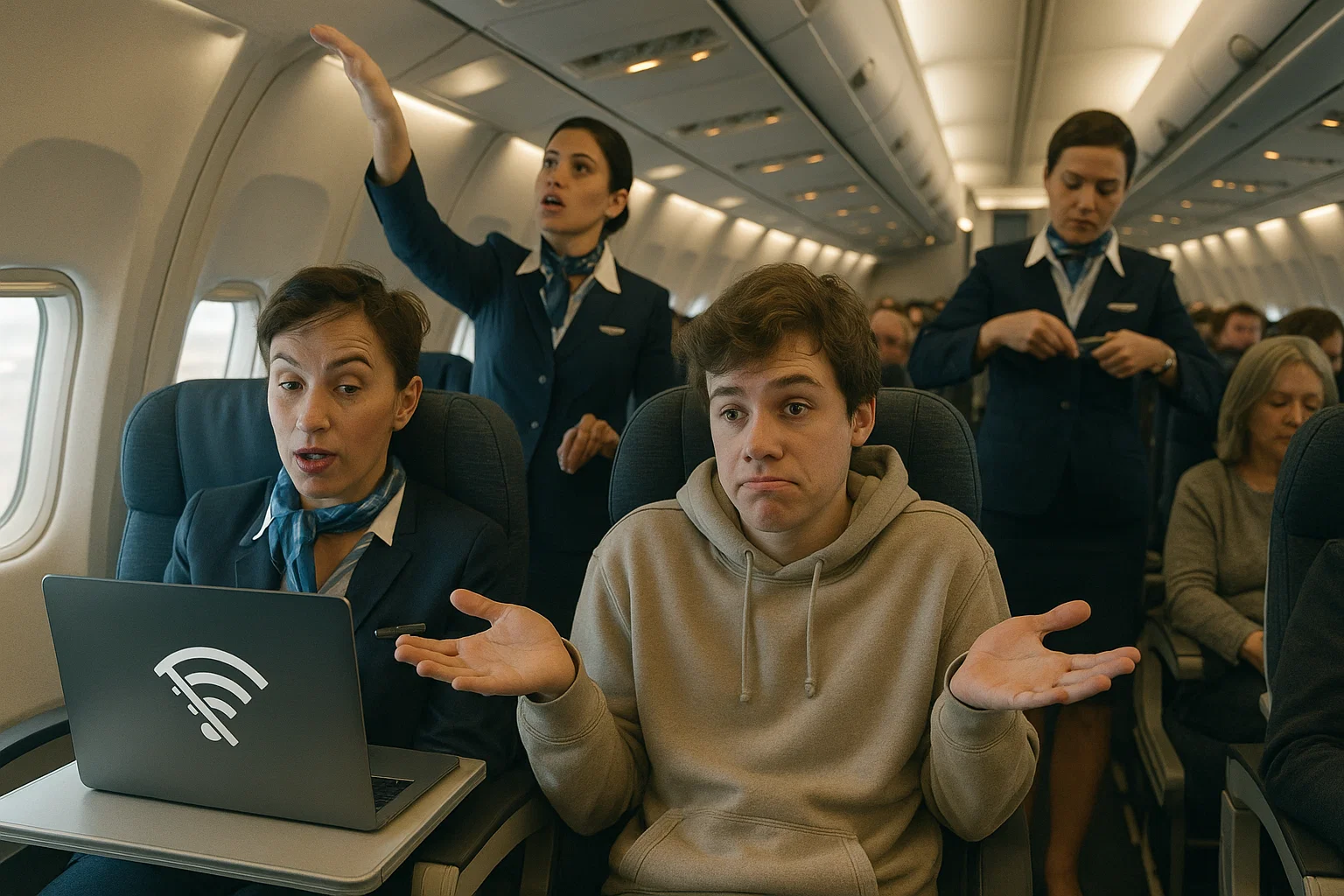 passenger shrugs at no-Wi-Fi message while crew mime