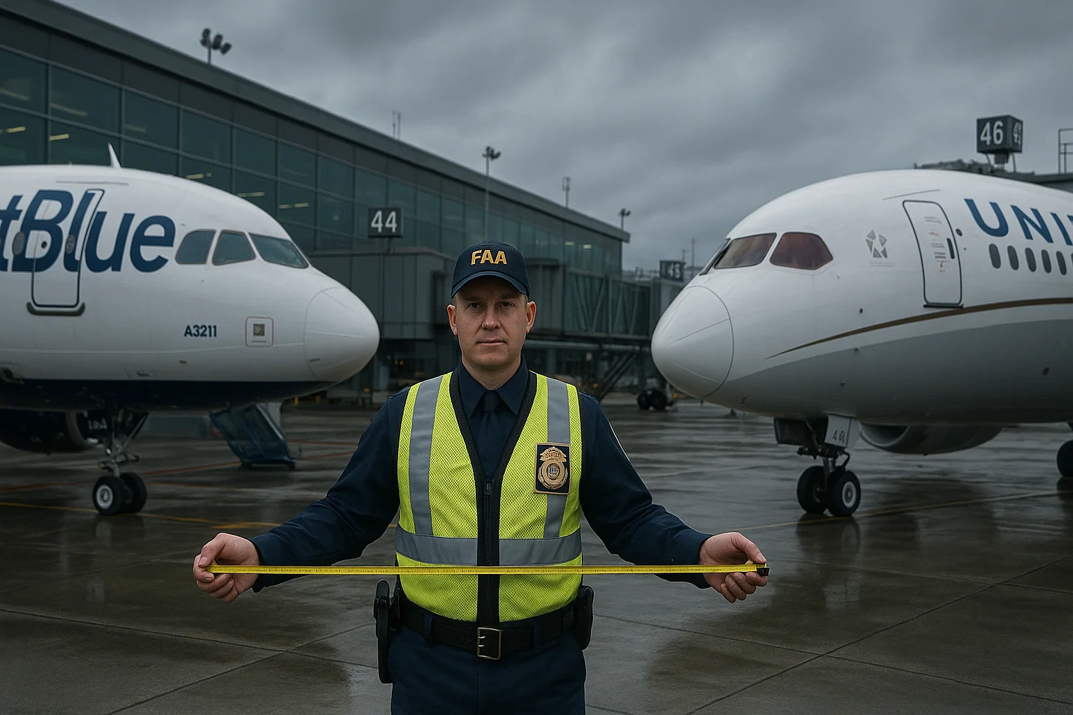 a man in a safety vest holding a tape measure in front of airplanes