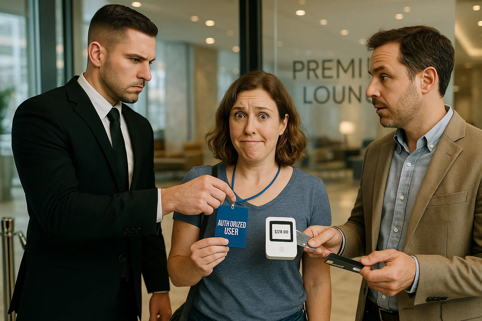 a woman holding a tag with a man holding a card