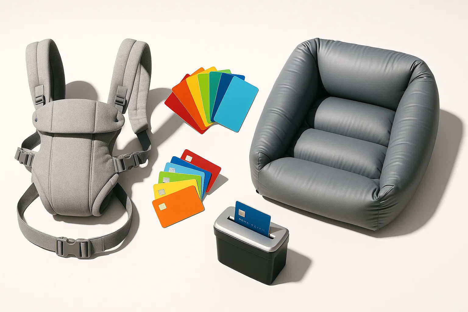 a grey backpack and a grey chair with colorful cards and a black box