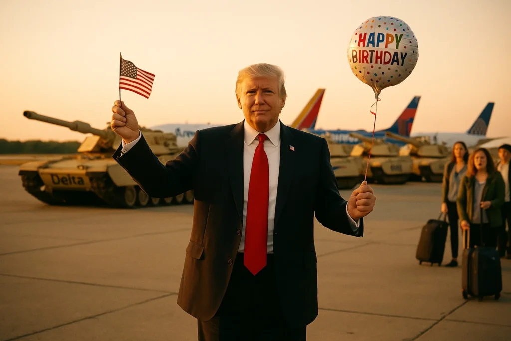 a man holding a balloon and a flag
