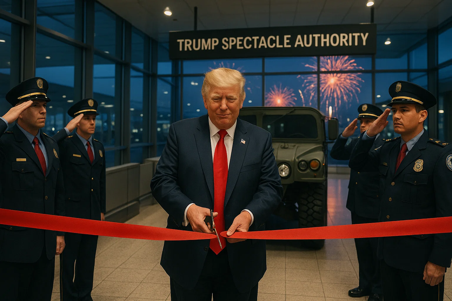 Trump ribbon-cut at checkpoint while agents salute and fireworks glitter outside