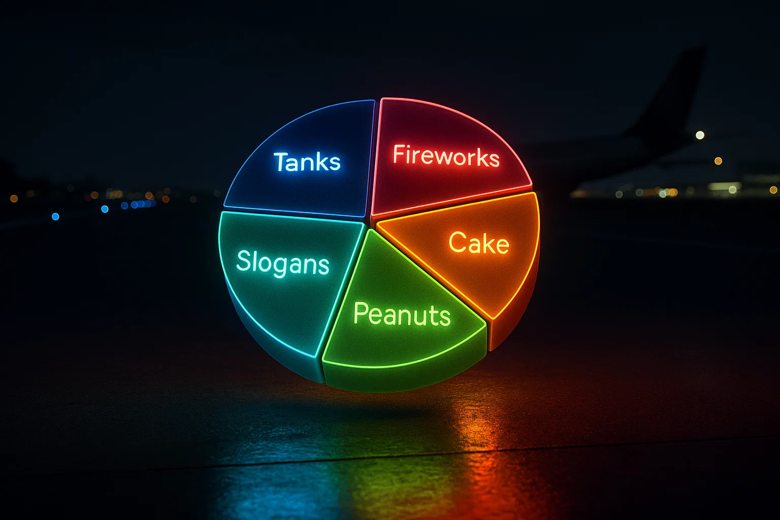 Glowing pie chart above runway with tanks, fireworks, cake costs
