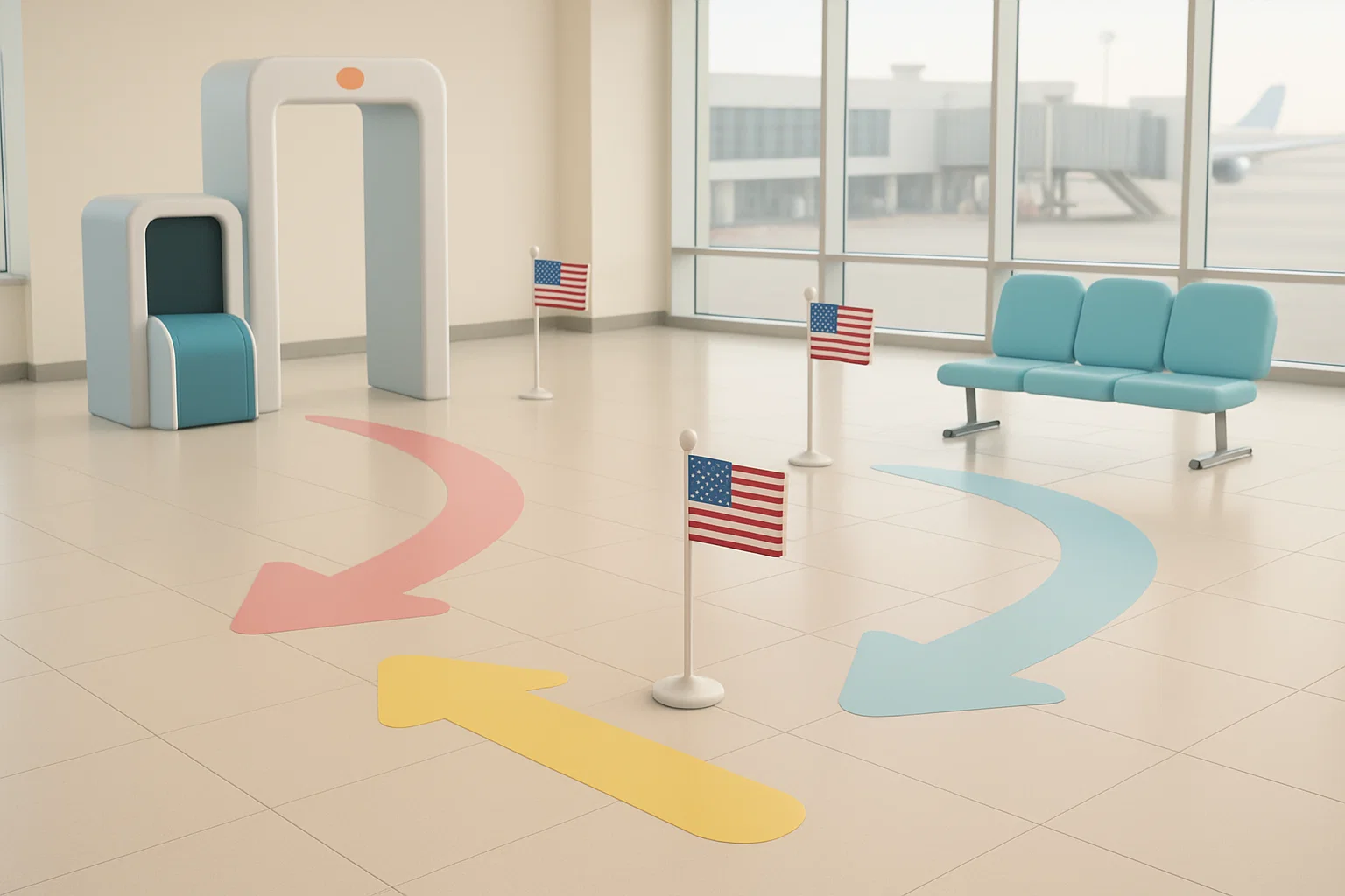Pastel arrows flowchart with stick passengers and flags